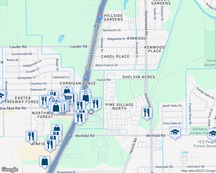 map of restaurants, bars, coffee shops, grocery stores, and more near 12423 West Village Drive in Houston