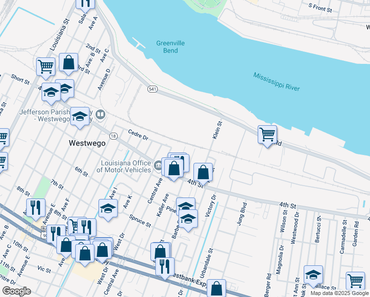map of restaurants, bars, coffee shops, grocery stores, and more near 407 Celestine Street in Westwego