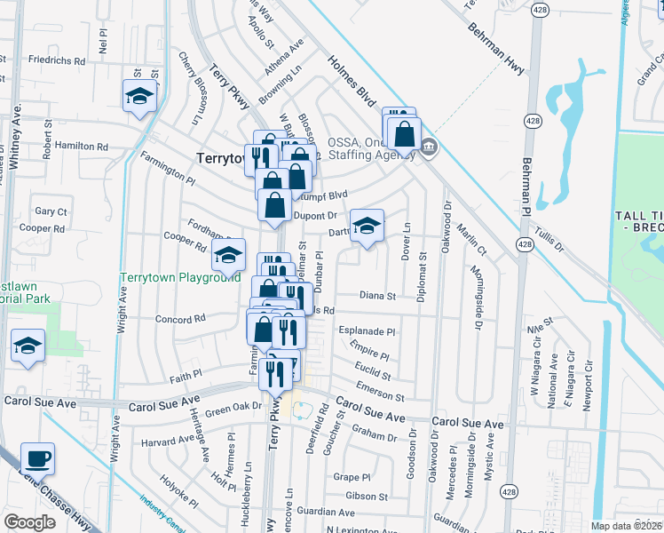 map of restaurants, bars, coffee shops, grocery stores, and more near 544 Deerfield Road in Terrytown