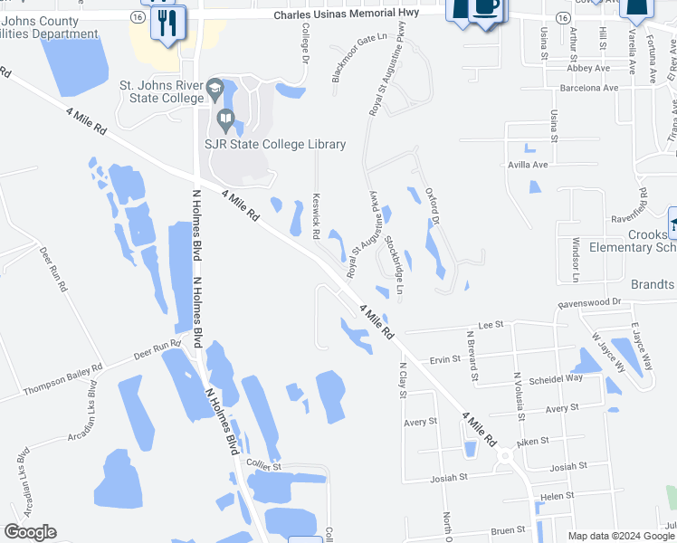 map of restaurants, bars, coffee shops, grocery stores, and more near 1709 Keswick Road in St. Augustine
