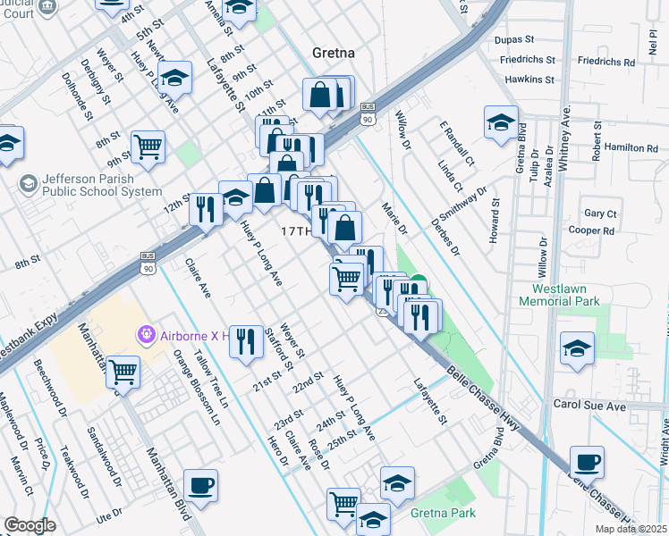 map of restaurants, bars, coffee shops, grocery stores, and more near 1806 Lafayette Street in Gretna