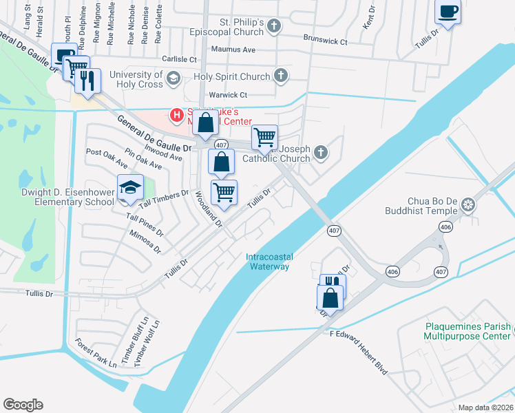 map of restaurants, bars, coffee shops, grocery stores, and more near 5997 Tullis Drive in New Orleans