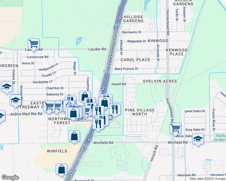 map of restaurants, bars, coffee shops, grocery stores, and more near 12258-12498 Eastex Freeway Service Rd in Houston