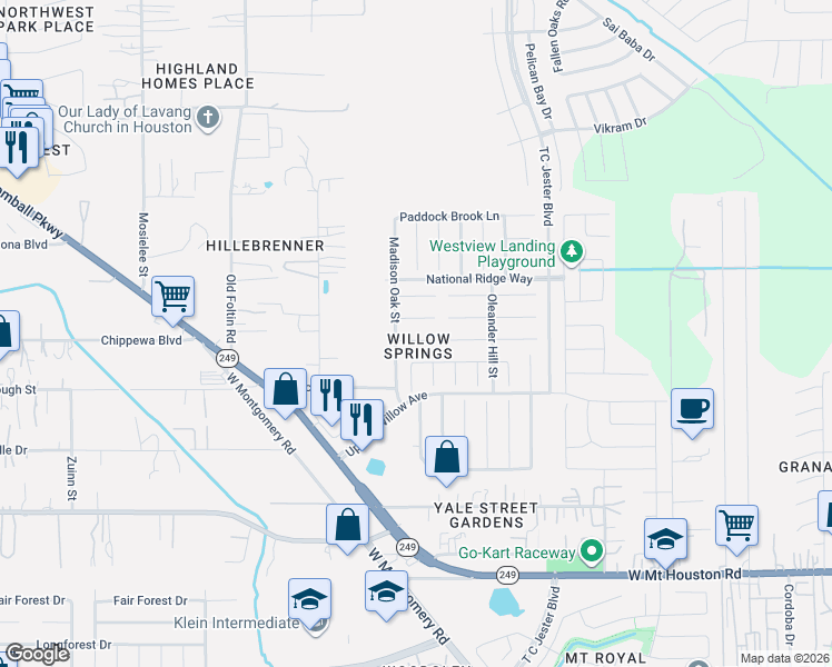 map of restaurants, bars, coffee shops, grocery stores, and more near 2938 Latch Lane in Houston