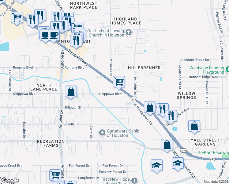 map of restaurants, bars, coffee shops, grocery stores, and more near 5520 Chippewa Boulevard in Houston
