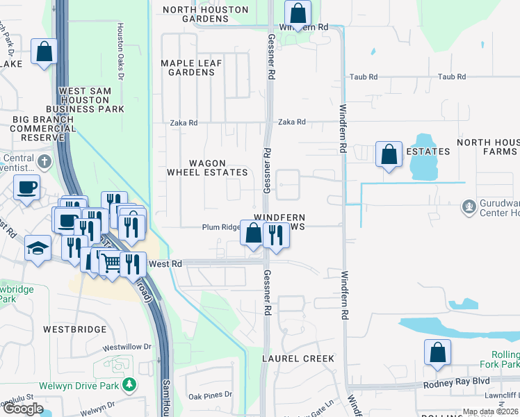 map of restaurants, bars, coffee shops, grocery stores, and more near 9202 Camelia Crest Lane in Houston