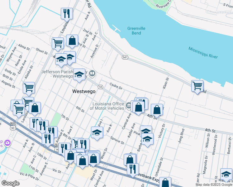 map of restaurants, bars, coffee shops, grocery stores, and more near 493 Fern Drive in Westwego