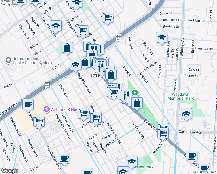 map of restaurants, bars, coffee shops, grocery stores, and more near 1806 Lafayette St in Gretna