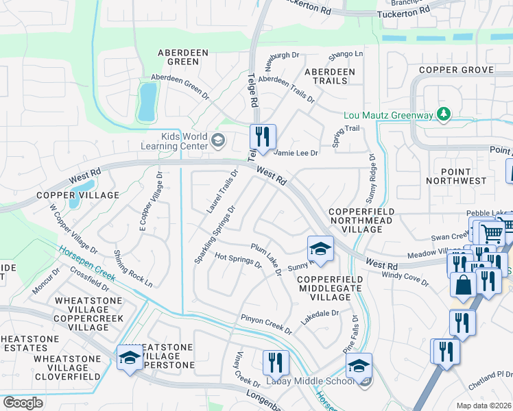 map of restaurants, bars, coffee shops, grocery stores, and more near 8614 Spring Green Drive in Houston