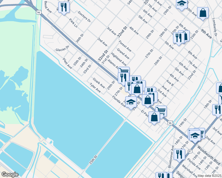 map of restaurants, bars, coffee shops, grocery stores, and more near 2727 27th Street in Port Arthur