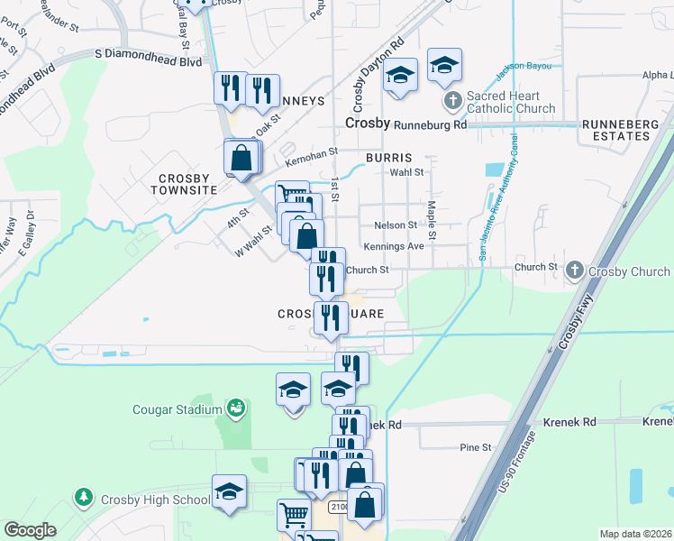 map of restaurants, bars, coffee shops, grocery stores, and more near 500 Church Street in Crosby