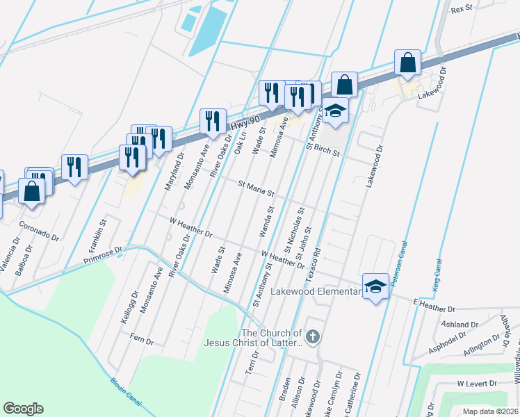 map of restaurants, bars, coffee shops, grocery stores, and more near 214 Wanda Street in Luling