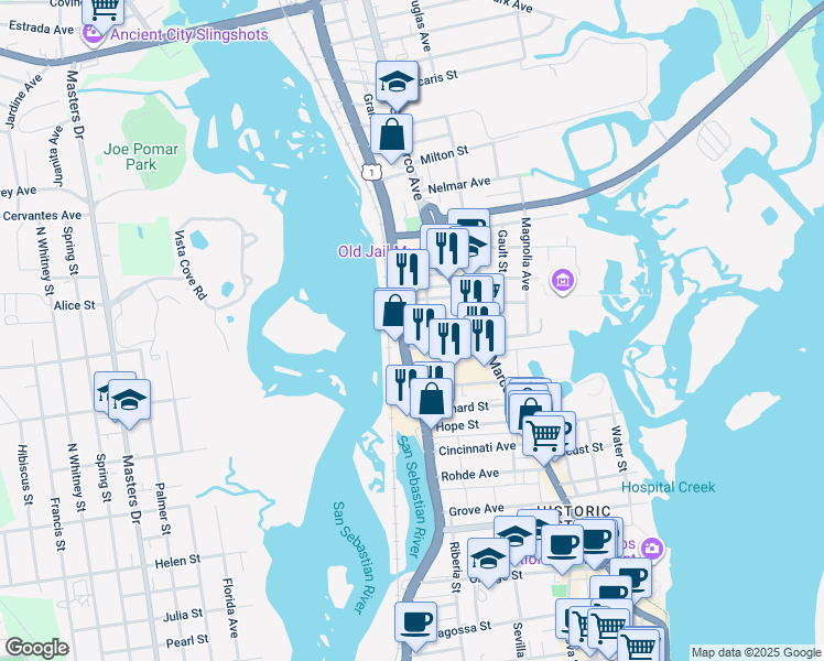 map of restaurants, bars, coffee shops, grocery stores, and more near 34 Sebastian Avenue in St. Augustine