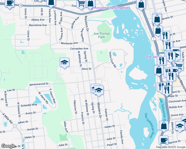 map of restaurants, bars, coffee shops, grocery stores, and more near 1411 Masters Drive in St. Augustine