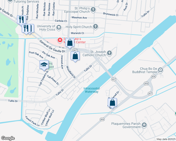 map of restaurants, bars, coffee shops, grocery stores, and more near 5997 Tullis Drive in New Orleans