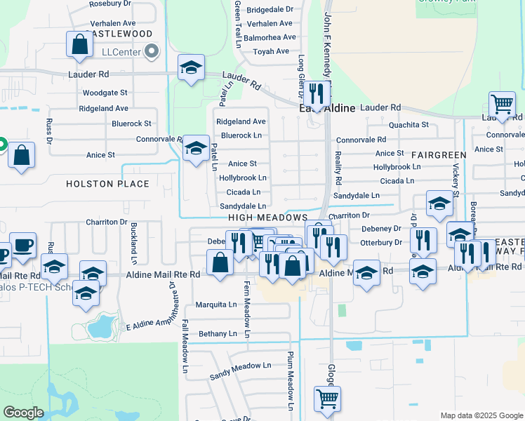 map of restaurants, bars, coffee shops, grocery stores, and more near 3802 Sandydale Lane in Houston