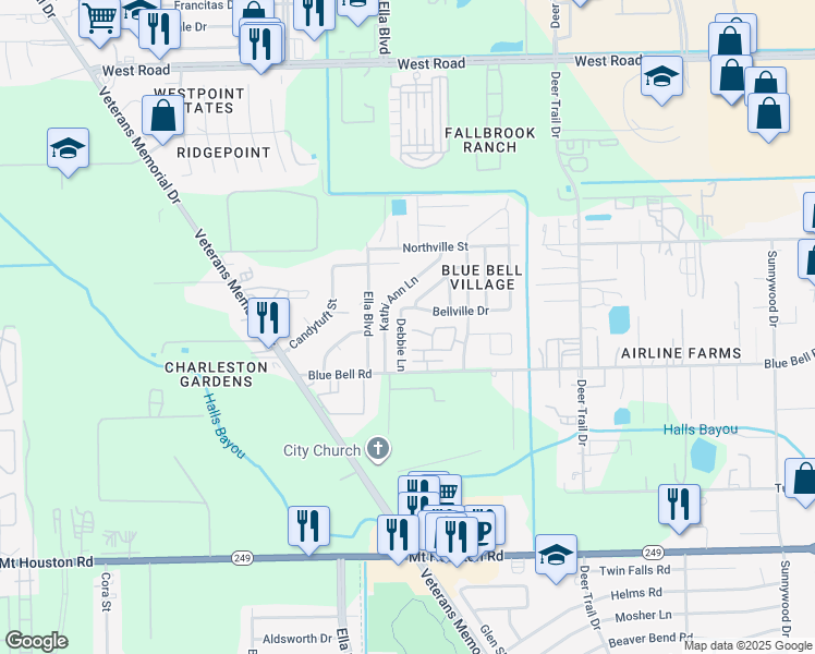 map of restaurants, bars, coffee shops, grocery stores, and more near 9719 Debbie Lane in Houston