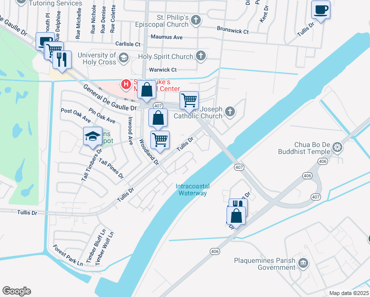 map of restaurants, bars, coffee shops, grocery stores, and more near 5997 Tullis Drive in New Orleans