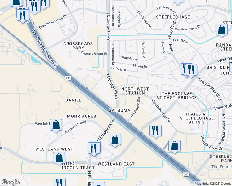 map of restaurants, bars, coffee shops, grocery stores, and more near 10005 North Eldridge Parkway in Jersey Village
