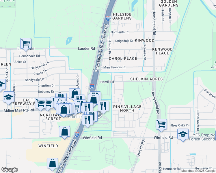 map of restaurants, bars, coffee shops, grocery stores, and more near 12419 West Village Drive in Houston