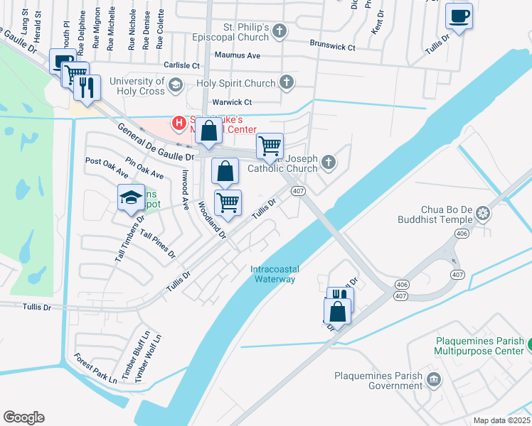 map of restaurants, bars, coffee shops, grocery stores, and more near 5997 Tullis Drive in New Orleans