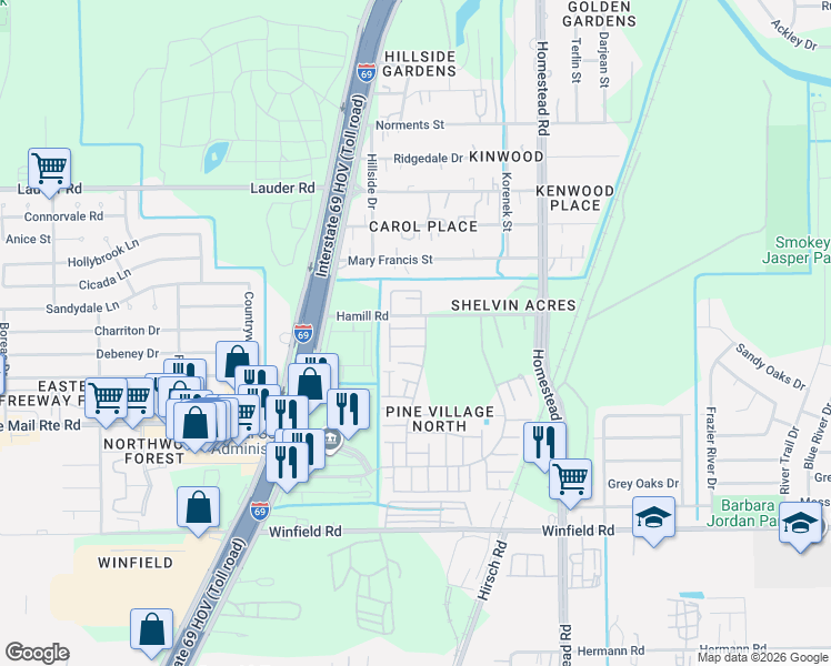 map of restaurants, bars, coffee shops, grocery stores, and more near 12423 West Village Drive in Houston