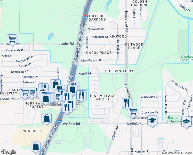 map of restaurants, bars, coffee shops, grocery stores, and more near 12423 West Village Drive in Houston
