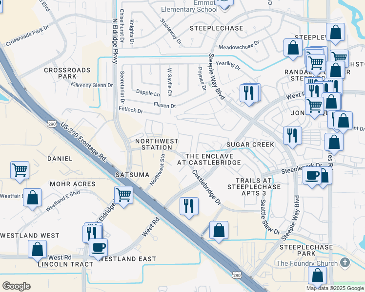 map of restaurants, bars, coffee shops, grocery stores, and more near 12400 Castlebridge Drive in Jersey Village
