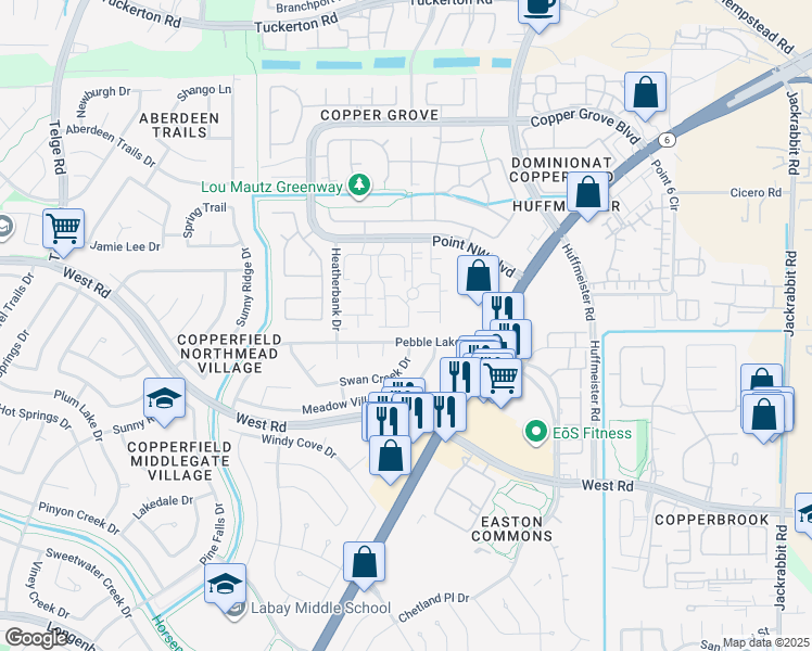 map of restaurants, bars, coffee shops, grocery stores, and more near 8727 Point Park Drive in Houston