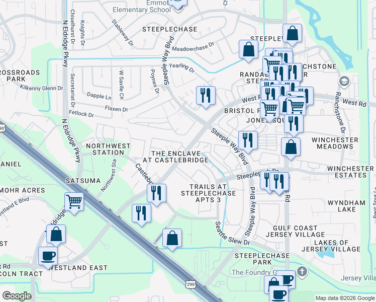 map of restaurants, bars, coffee shops, grocery stores, and more near 12495 Seattle Slew Drive in Houston
