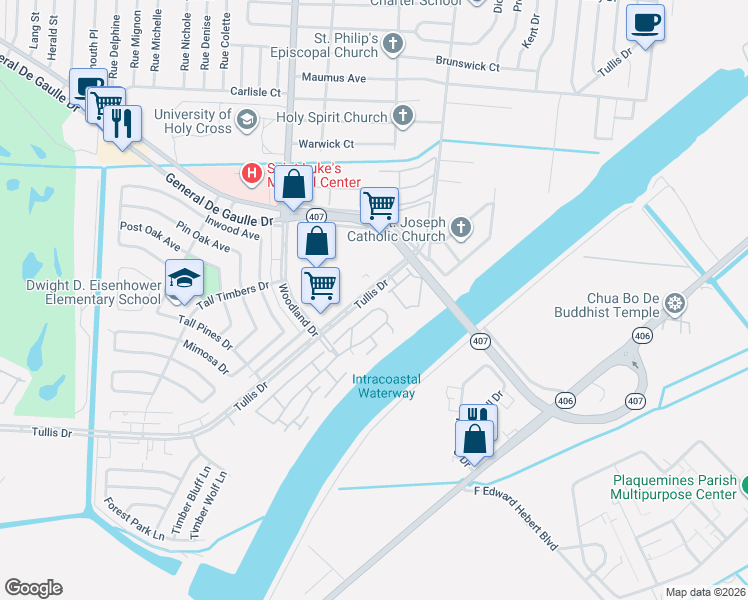 map of restaurants, bars, coffee shops, grocery stores, and more near 5997 Tullis Drive in New Orleans