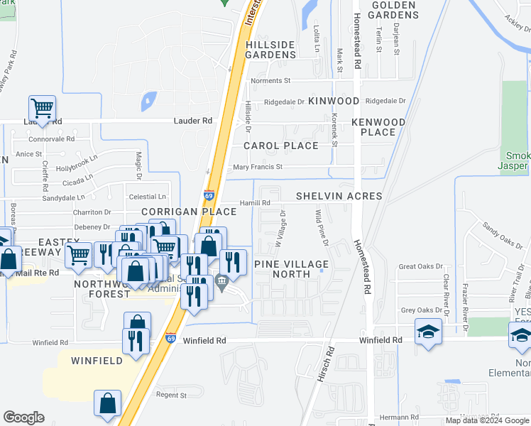 map of restaurants, bars, coffee shops, grocery stores, and more near 12443 West Village Drive in Houston