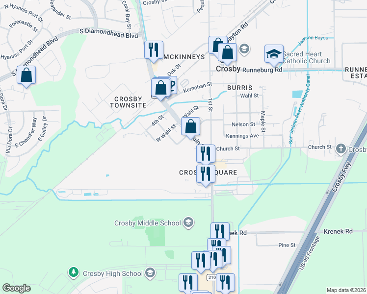 map of restaurants, bars, coffee shops, grocery stores, and more near 110 East Reidland Avenue in Crosby