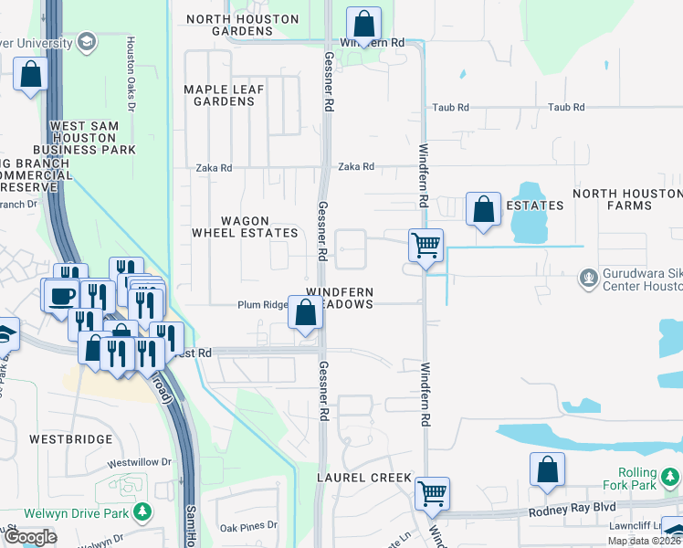 map of restaurants, bars, coffee shops, grocery stores, and more near 9416 Plum Ridge Drive in Houston