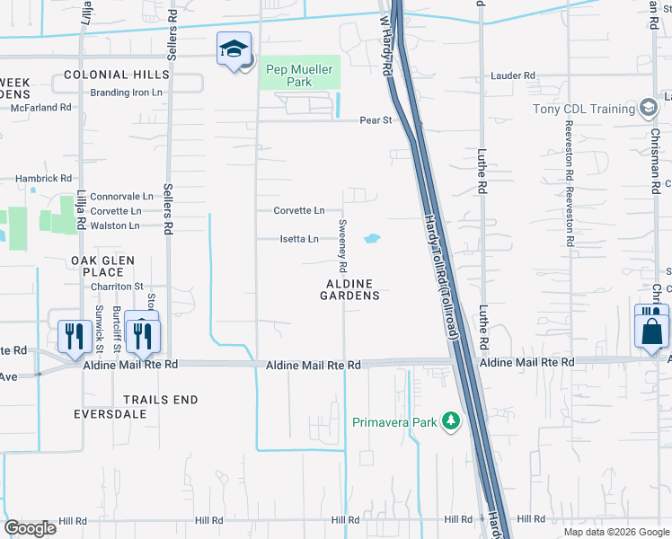map of restaurants, bars, coffee shops, grocery stores, and more near 14201 Sweeney Road in Houston