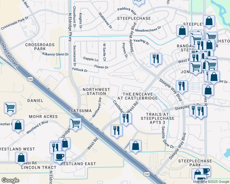 map of restaurants, bars, coffee shops, grocery stores, and more near 216 Castlegate Lane in Jersey Village