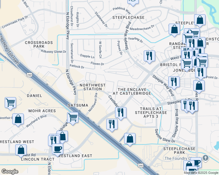 map of restaurants, bars, coffee shops, grocery stores, and more near 12400 Castlebridge Drive in Jersey Village