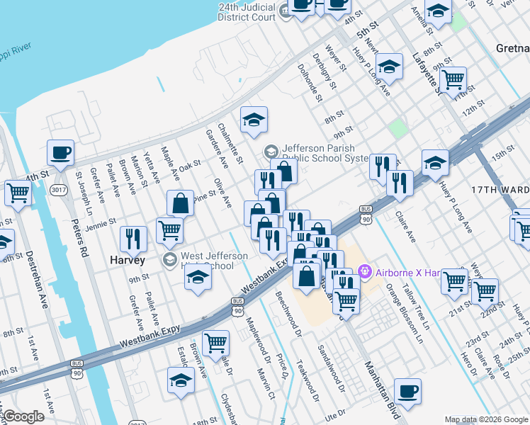 map of restaurants, bars, coffee shops, grocery stores, and more near 1601 Westbank Expressway in Harvey