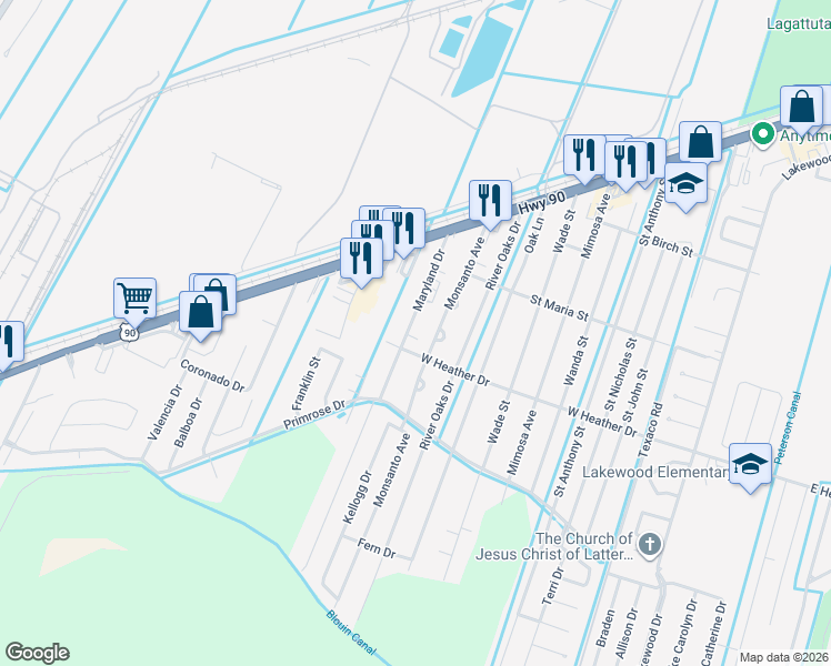 map of restaurants, bars, coffee shops, grocery stores, and more near 219 Maryland Drive in Luling