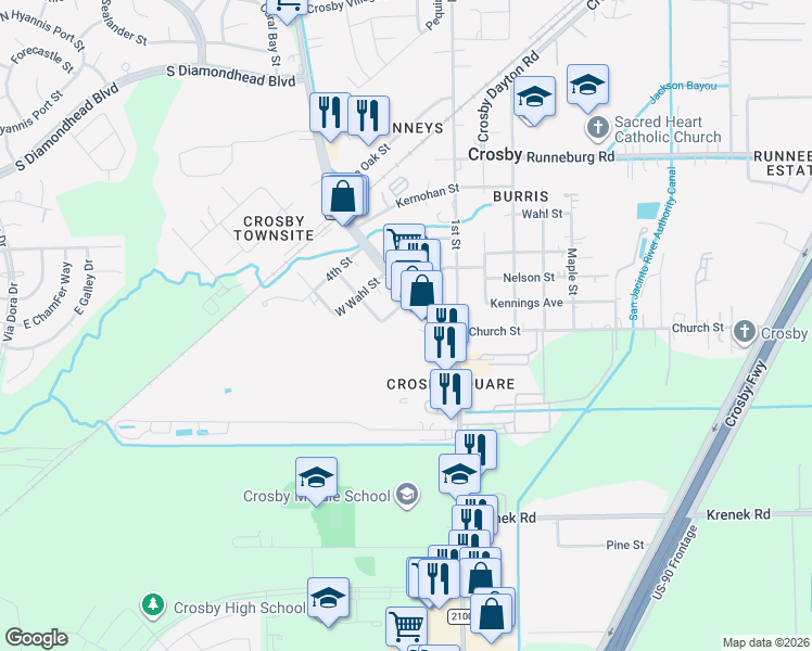 map of restaurants, bars, coffee shops, grocery stores, and more near 110 East Reidland Avenue in Crosby