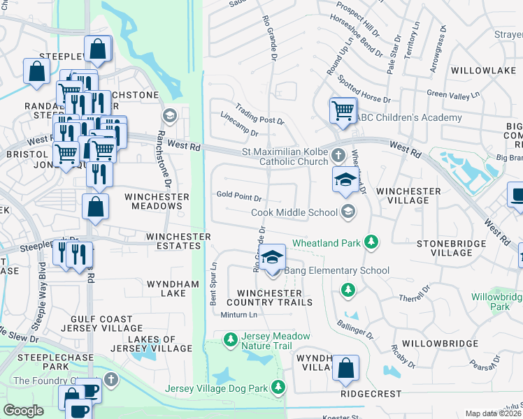 map of restaurants, bars, coffee shops, grocery stores, and more near 10403 Hondo Hill Road in Houston