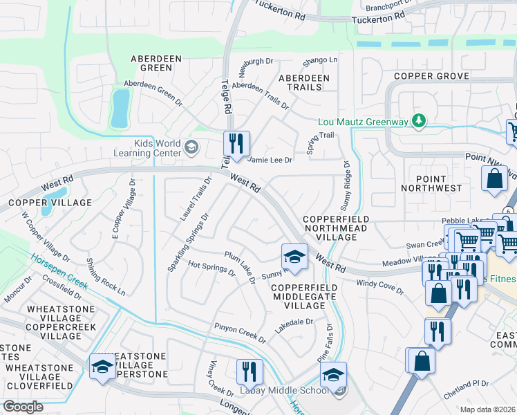 map of restaurants, bars, coffee shops, grocery stores, and more near 8631 Timbercraft Drive in Houston
