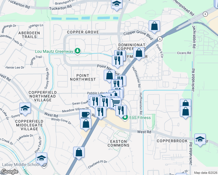 map of restaurants, bars, coffee shops, grocery stores, and more near 15202 Pebble Lake Drive in Houston