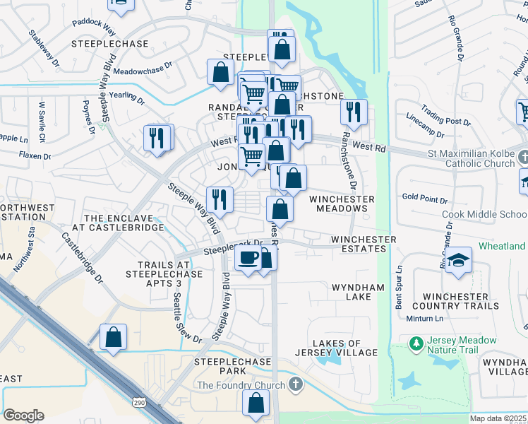 map of restaurants, bars, coffee shops, grocery stores, and more near 9020 Jones Road in Houston