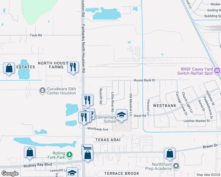 map of restaurants, bars, coffee shops, grocery stores, and more near 8618 Rivercross Road in Houston