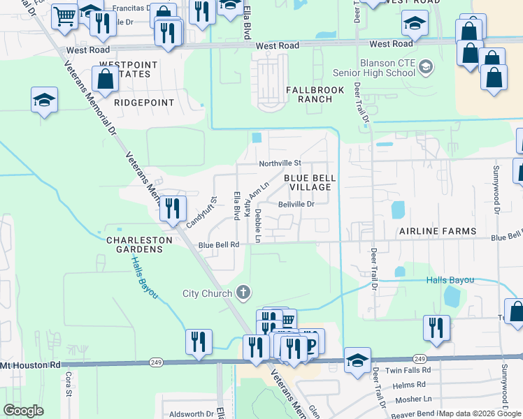map of restaurants, bars, coffee shops, grocery stores, and more near 9719 Debbie Lane in Houston