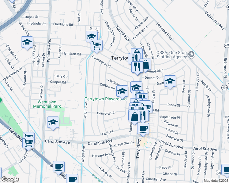 map of restaurants, bars, coffee shops, grocery stores, and more near 550 East Forest Lawn Drive in Terrytown