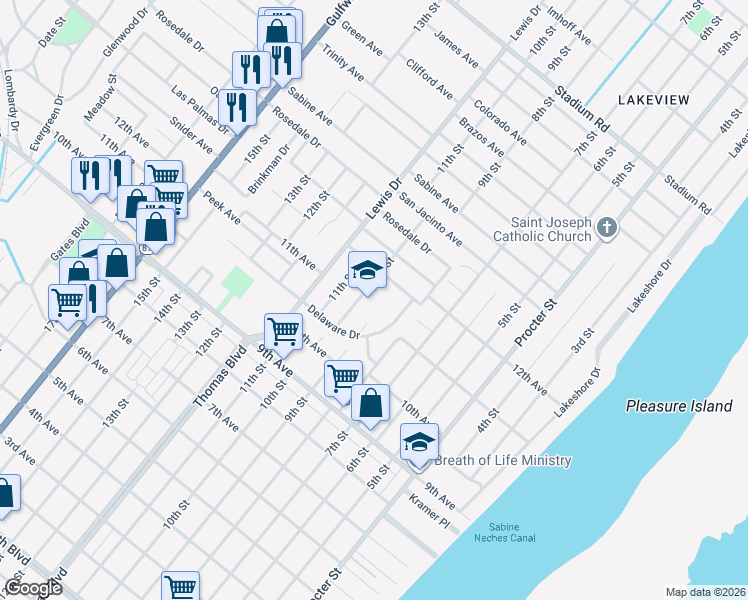 map of restaurants, bars, coffee shops, grocery stores, and more near 3900 10th Street in Port Arthur