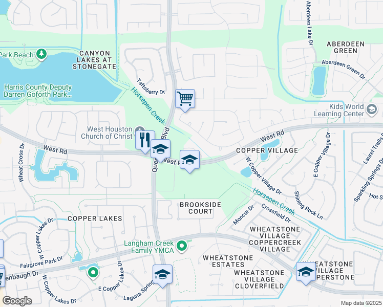 map of restaurants, bars, coffee shops, grocery stores, and more near 6823 West Road in Houston