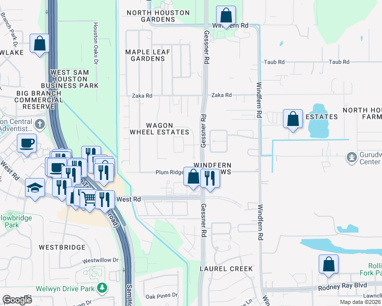 map of restaurants, bars, coffee shops, grocery stores, and more near 9202 Camelia Crest Lane in Houston